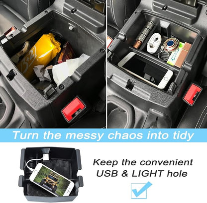 3PCS Center Console Organizer Tray Box Compatible with 2018-2025 Wrangler and 2020-2023 2024 2025 Gladiator Gear Shift Organizer Armrest Accessories Hanging Box（Not for JK/JKU）