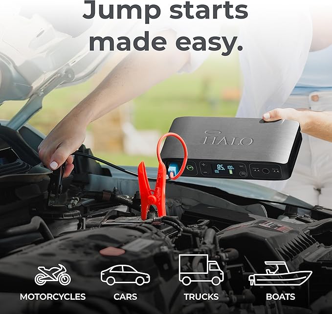 HALO Bolt Air 58830 Portable Car Battery Jump Starter | 100 PSI Air Compressor, 58.8Wh USB Power Bank, Emergency Floodlight & Charger, Jumps Cars SUVs & Trucks, Inflates Tires, TSA Approved — Gray