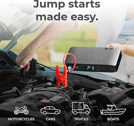 HALO Bolt Air 58830 Portable Car Battery Jump Starter | 100 PSI Air Compressor, 58.8Wh USB Power Bank, Emergency Floodlight & Charger, Jumps Cars SUVs & Trucks, Inflates Tires, TSA Approved — Gray