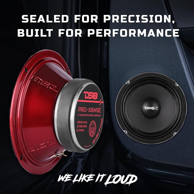 DS18 PRO-X8MSE Loudspeaker - 8", Midrange, Sealed Basket, 550W Max, 275W RMS, 8 Ohms - Premium Quality Audio Door Speakers for Car or Truck Stereo Sound System (1 Speaker)