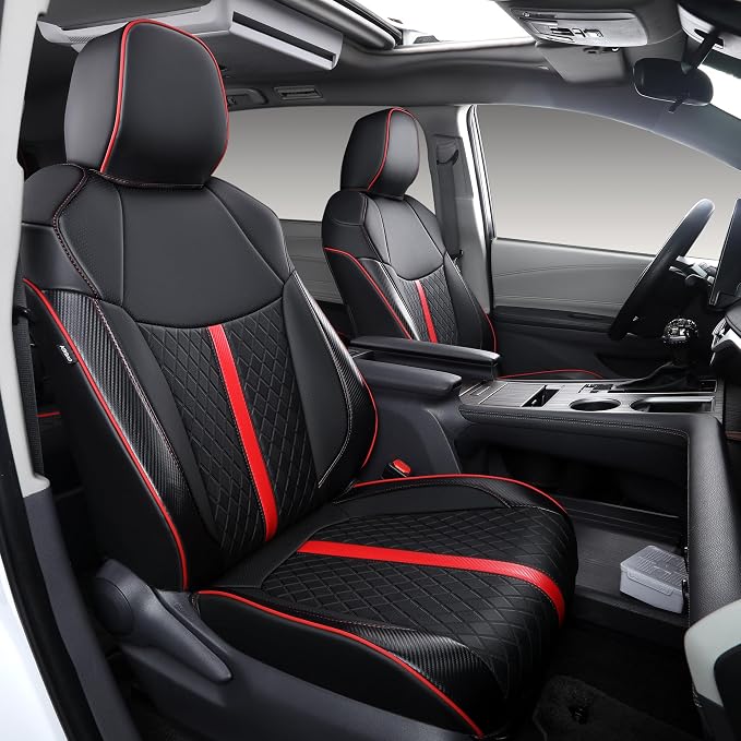 Custom Fit Sienna Seat Covers for 2021-2026 Toyota Sienna 7-Seat XLE XSE Woodland Limited Platinum [Ottoman Not Covered], Waterproof Faux Leather Full Set Airbag Compatible (Black+red)
