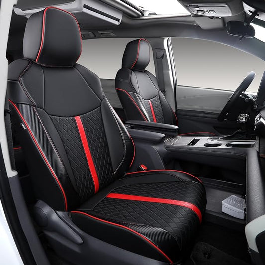 Custom Fit Sienna Seat Covers for 2021-2026 Toyota Sienna LE XLE 8-Seat, Waterproof Faux Leather Full Set Airbag Compatible 3-Row Car Seat Protectors (Black+red)