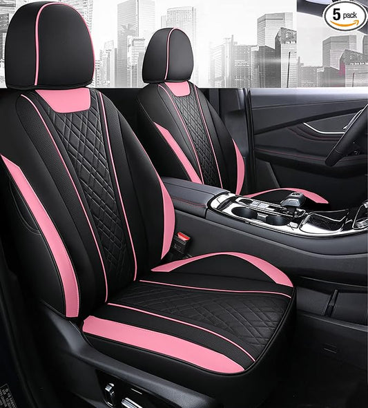 Car Seat Covers Front Seats, Super Luxurious Heavy Duty Waterproof Leather Automotive Vehicle Cover for Cars SUV Pick-up Truck, Universal Non-Slip Seat Car Accessories (2 PCS Front/Pink Black)