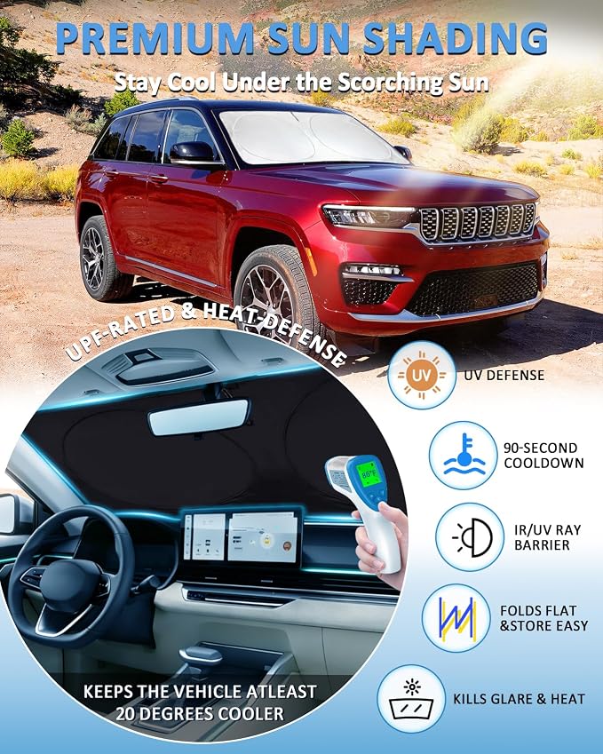 Custom fit Jeep Cherokee Windshield Sunshade for Cherokee 2014-2024 2025 Trailhawk,Overland, Limited, Altitude Accessories (Not for Jeep Grand Cherokee) Shade Cover for Windshield Screen Sun Visor