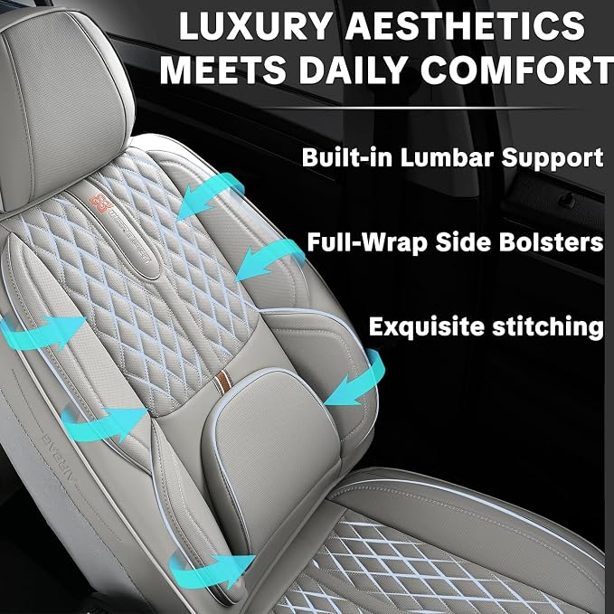 Light Gray Car Seat Covers, Universal Fit for Most Vehicles, Premium Waterproof Leather, Pet-Friendly Car Seat Covers with Lumbar Support, Slip-Resistant, Airbag-Compatible, Protects Car Interior