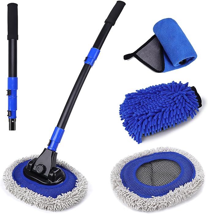 Ultimate Car Wash Brush with Long Handle | 15-Degree Curved Pole Design | Microfiber Brush Head | Adjustable Length | Wide Applications for Car, RV, Truck, Pickup | Car Wash Kit (Blue)