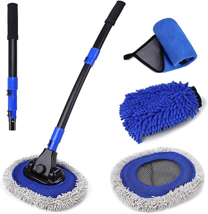 Ultimate Car Wash Brush with Long Handle | 15-Degree Curved Pole Design | Microfiber Brush Head | Adjustable Length | Wide Applications for Car, RV, Truck, Pickup | Car Wash Kit (Blue)