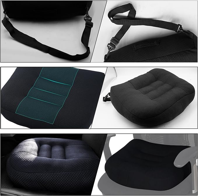 Universal Booster Seat Cushion with Adjustable Height, Breathable Mesh Portable Design with Straps, Improve Vision Improve Sitting Posture Stress Relief Driving Office Family Outdoor - Black