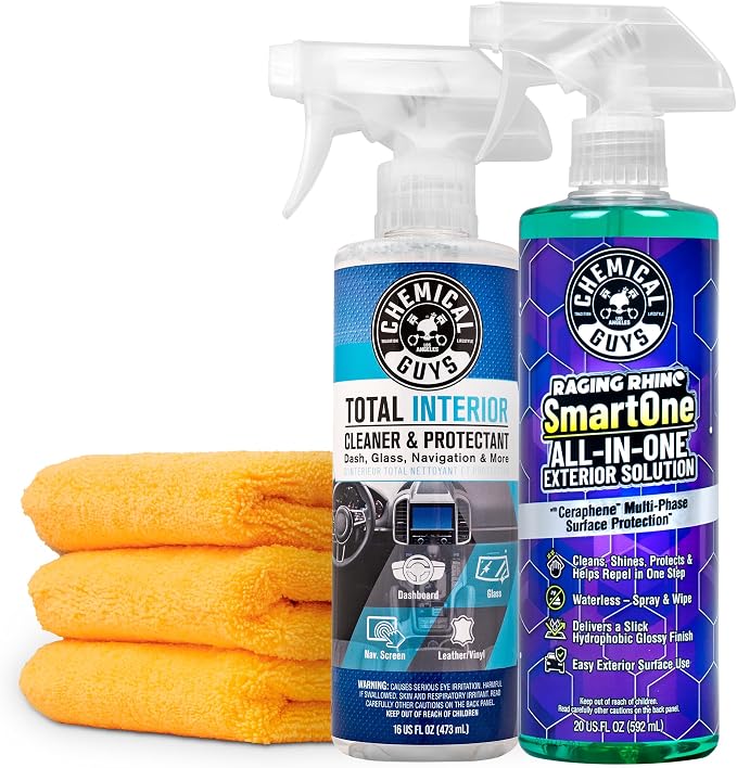 Chemical Guys Raging Rhino Waterless Car Wash And Quick Detailer Spray (20 Fl Oz) With Total Interior Cleaner (16 Fl Oz) & 3 Premium Microfiber Towels - 5 Items