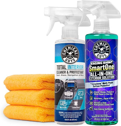 Chemical Guys Raging Rhino Waterless Car Wash And Quick Detailer Spray (20 Fl Oz) With Total Interior Cleaner (16 Fl Oz) & 3 Premium Microfiber Towels - 5 Items