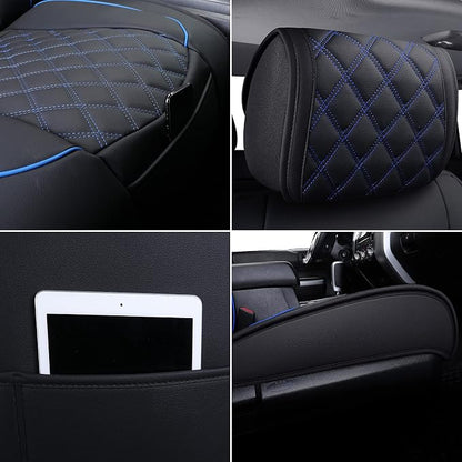 YIERTAI Truck Seat Covers Compatible with Toyota Tundra for 2008-2025 2026 Tundra Crewmax SR5 Limited Double Cab Crew Extended Cab Waterproof Leather Seats Protectors(2 PCS Front only/Black-Blue)