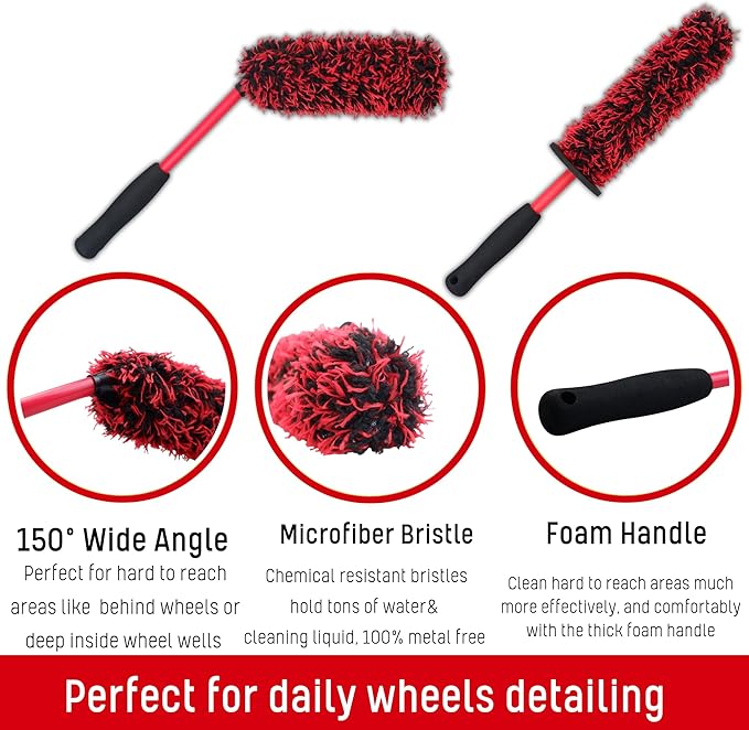 oesee Metal Free Microfiber Wheel Brush Kit- Microfiber Angled Wheel Brush, Long Handle Wheel Brush, Tire& Detailing Brush, Wheel Wash Mitt. Hands-On Wheel Detailing Kit for Daily Wheel Cleaning