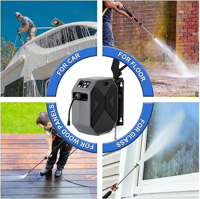 5000PSI Wall Mounted PowerWasher with 4 Quick Connect Nozzles, Foam Cannon for Car, Lane, Patio Cleaning