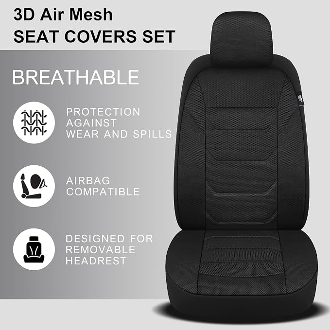 Pariiaotin 3D Air Mesh Car Seat Covers Front Sets Washable and Breathable Premium Cloth Automotive Vehicle Seat Covers for Cars Interior, Universal Fit for Most Cars, Sedan, Truck, SUV(Black)