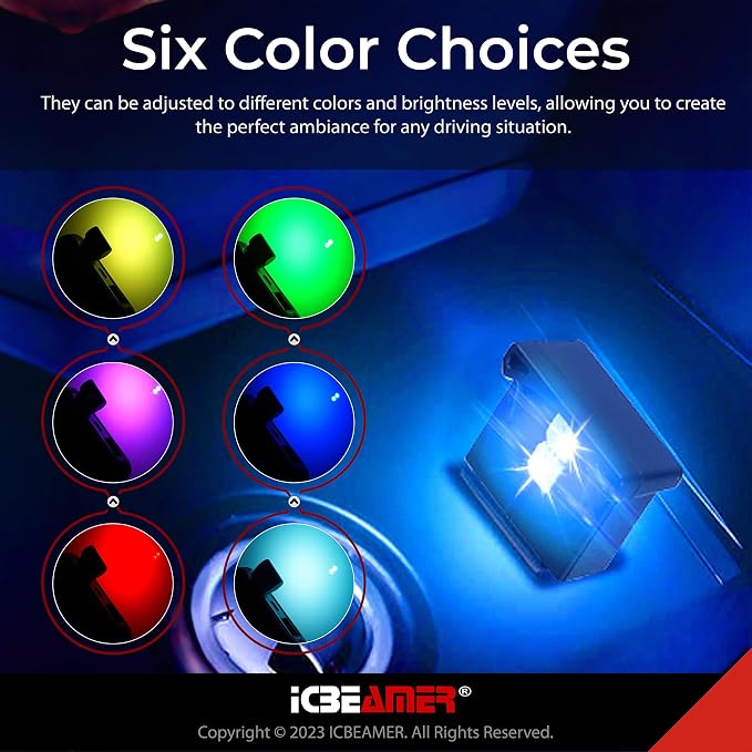 ICBEAMER Type C Adapters USB Ambient Light 2-Pack (Purple) | Smart Interface, Miniature LED Night Lights for Car Interior, Trunk, Van, Pickup, Easy Plug-in, Enhance Automotive Ambiance