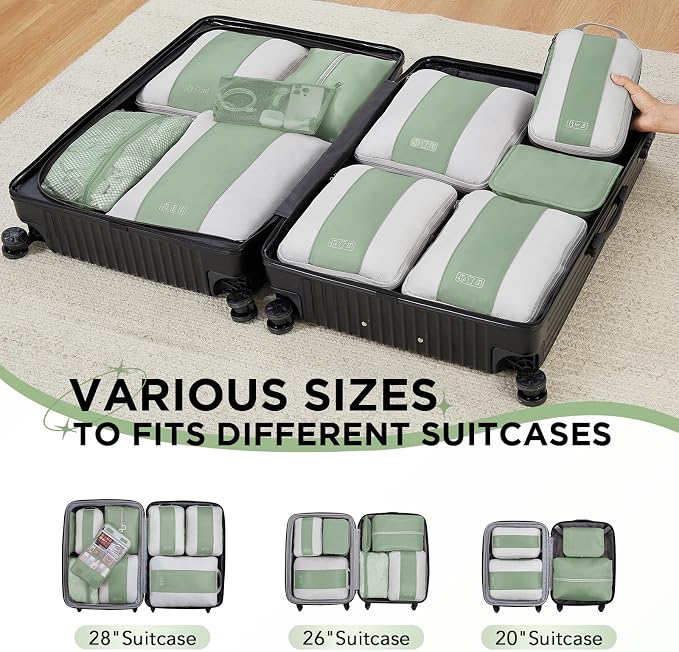 OlarHike 10-Pack Compression Packing Cubes for Travel Essentials,Compressible Expandable Packing Cubes for Suitcase,Luggage Garment Bags for Travel,Handy Helper for Organizing Clothes(Matcha Green)
