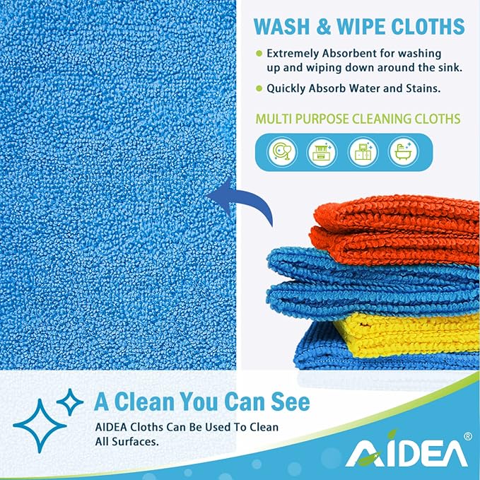 AIDEA Microfiber Cleaning Cloth, 800PK, Soft Absorbent Rags, Microfiber Towels for Cars, Kitchen Towels, Dusting Cloth for Home, Window, Cleaning Supplies, 12"×12"
