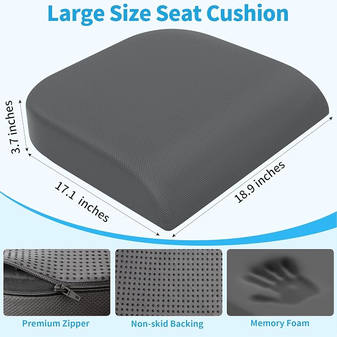 TranquilRelax 2XL Seat Cushion, Memory Foam Cushion for Long Sitting Hours on Office Chair, Car Seat, Non-Slip Chair Pad for Sciatica, Coccyx, Tailbone Pain Relief & Post-Surgery Recovery (Grey)