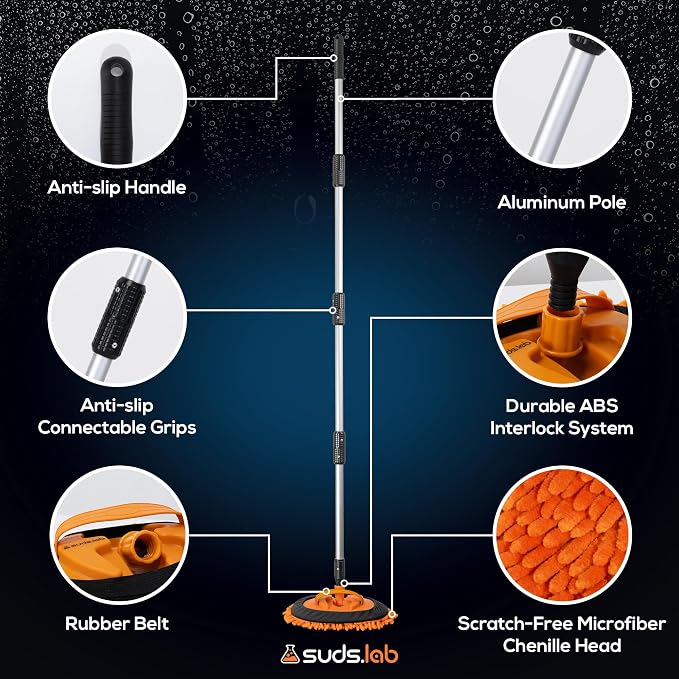 Suds Lab EM Extendable Wash Mitt with 170° Telescopic Handle – 58" Car Wash Mop with 2 Scratch-Free Chenille Microfiber Car Washing Mitts for SUVs, RVs and Trucks