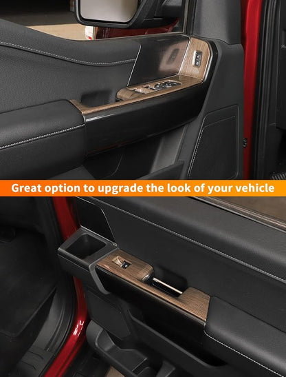 Savadicar Wood Grain Interior Accessories - Door Window Button Panel Trim Cover for Ford F150 (2021-present) - Premium Texture Interior Decor Upgrade Kit, 4-Piece Set