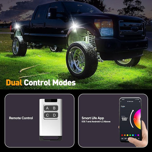YiLaie RGB LED Rock Lights Kit 8Pods with APP/RF Remote Control, Upgraded Underglow Multicolor LED Light Pod with Flashing Music Mode, Rock Lights for Truck ATV UTV RZR SUV, IP68
