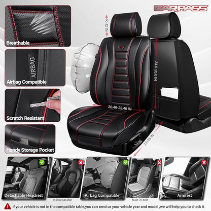 CAR PASS Nappa Leather Seat Covers, Universal FIT Piping Leather Car Seat Covers Full Set for Cars,SUV,Truck 3D Foam Waterproof Luxury Seat Covers 5 Seats, Comfort Durable Airbag Compatible Black Red