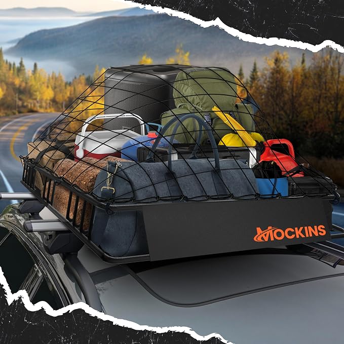 Mockins XL Extendable Roof Rack Cargo Carrier for Top of Vehicle Storage | 84"x39"x6" 250 Lbs Capacity Weatherproof Steel Roof Basket | Heavy Duty Car & SUV Rooftop Cargo Carrier Set w/ Straps & Net