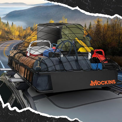 Mockins XL Extendable Roof Rack Cargo Carrier for Top of Vehicle Storage | 84"x39"x6" 250 Lbs Capacity Weatherproof Steel Roof Basket | Heavy Duty Car & SUV Rooftop Cargo Carrier Set w/ Straps & Net