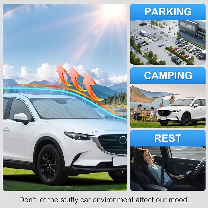 Windshield Sun Shade Sunshade for Mazda CX9 CX-9 2016-2026 | Custom Fit Windshield Cover, Blocks UV Rays, Double-Layer Heat Shield, Durable Frame, Easy Fold & Storage