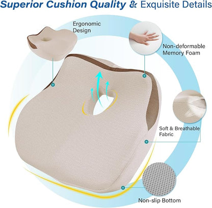 Car Seat Cushion: Ergonomic Memory Foam Car Cushion for Sciatica Pain Relief, Larger Driving Seat Pillow for Short Drivers on Long Drives - Butt Pillow for Truck, Office, Wheelchair - Beige