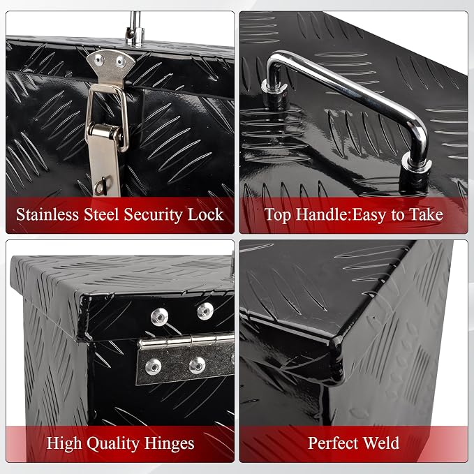 16''Inch Aluminum Truck Tool Box Truck Bed Toolbox Truck Trailer Chest Box Trailer Underbody Storage Organizer Waterproof Square Storage Organizer w/Lock & Keys Black(‎16" Lx7.5 Wx10 H)