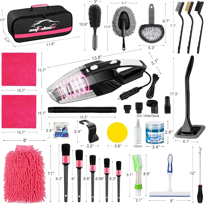 39Pcs Car Cleaning Wash Kit Interior Detailing Cleaner Kit with High Power Handheld Vacuum, Brush Set, Windshield Tool, Duster, Towels, Tire Brush, Complete Car Care Tools, Pink