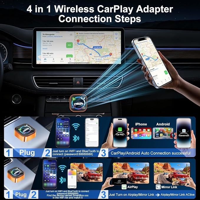 Wireless CarPlay Adapter 4 in 1 Car Screen Mirroring Adapter to Play TV on Car Screen for iPhone & Android, Upgrade Support Airplay&Mirror Link,CarPlay&Android Auto,Wired to Wireless,Plug and Play