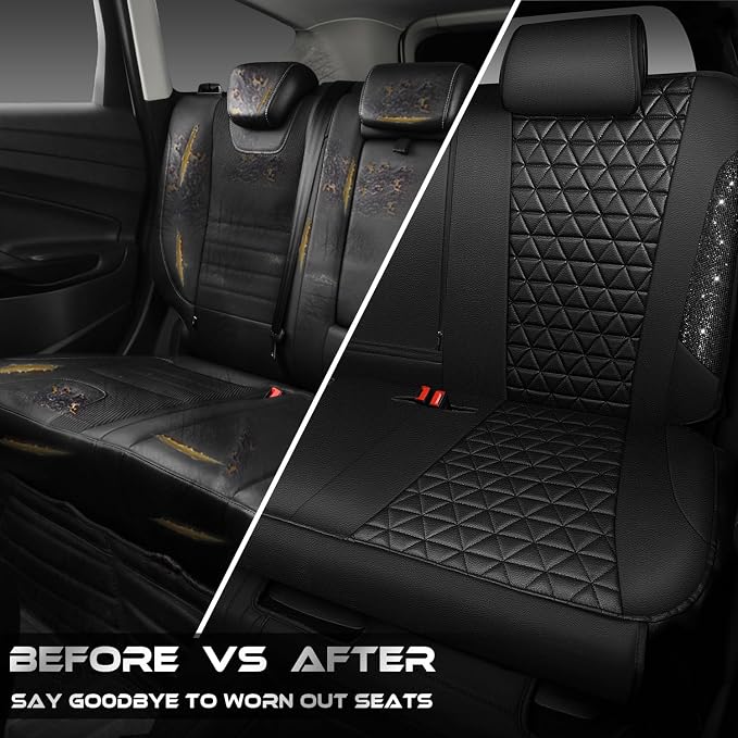 CAR PASS Bling Back Seat Cover, Waterproof Leather Bench Rear Seat Cover Shining Diamond Truck Glitter Crystal Sparkly Rhinestone Universal Fit Armrest Automotive Kid Women Girl, Black Diamond