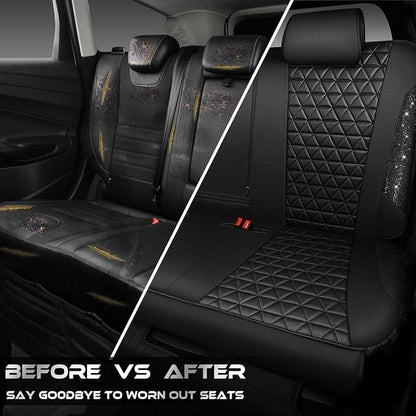 CAR PASS Bling Back Seat Cover, Waterproof Leather Bench Rear Seat Cover Shining Diamond Truck Glitter Crystal Sparkly Rhinestone Universal Fit Armrest Automotive Kid Women Girl, Black Diamond