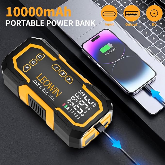 Jump Starter with Air Compressor, Battery Jumper Starter Portable(9.0 Gas/6.5L Diesel) with Tire Inflator, 12V Car Battery Jump Starter with Smart Jumper Cables, LED Light, LCD Display