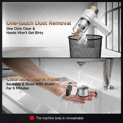 Vizeusvac Car Vacuum Cleaner, 16000PA Mini Car Vacuum Cordless Powerful, 7 in 1 Portable Handheld Vacuum Cordless with LED Light, Dual Filters, One-Touch Empty for Pet Hair, Home, Office