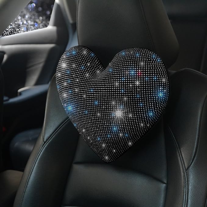 Car Headrest Neck Pillows Rhinestone Automobile Headrest Cover Car Headrest Neck Pillow for Driving with Bling Bling Crystal Car Accessories for Women, Girls and Ladies Black 2 Pieces