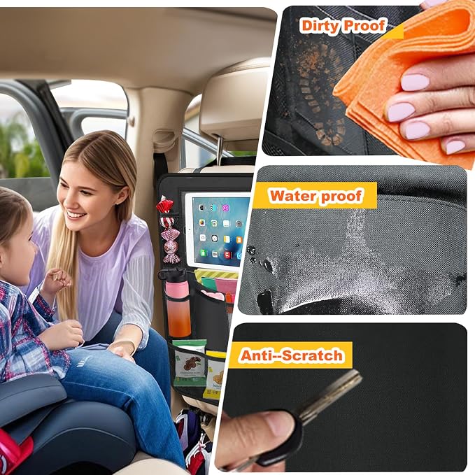 Backseat Organizer for Car, 2 PCS Seat Back Cover for Kids Toddlers with 10 Storage Pockets & 11″ Tablet Holder, Waterproof Back Seat Protector for Snacks Toys, Travel Accessories