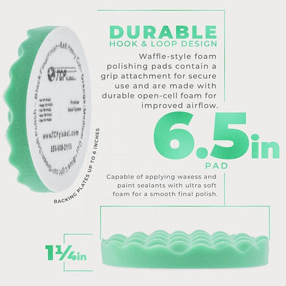 TCP Global 6.5" Green Waffle Foam Buffing Pad Hook and Loop Backing - Soft Pad for Polishing, Automotive, Marine, Truck, RV & Compound Cutting, Car Polishing Pads