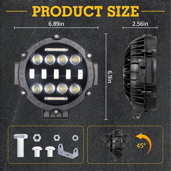 2PCS Round LED Work Light 7 Inch 75W, Spot Flood Spot Combo LED Light Bars Fit for Pickup Truck Jeep ATV UTV SUV