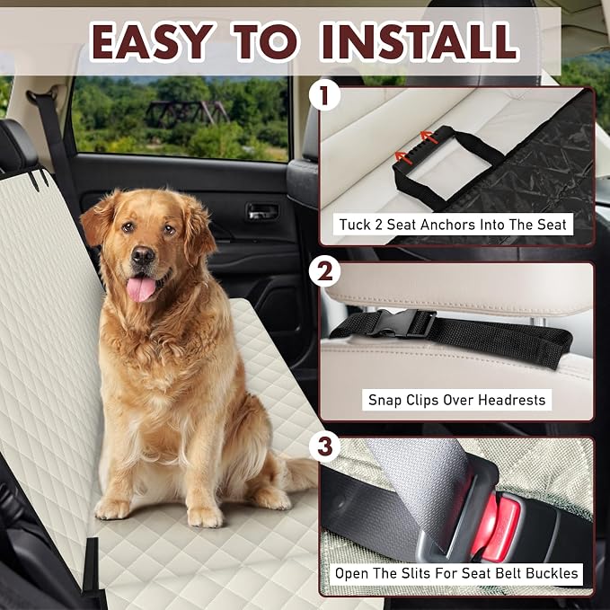 NECKORY Backseat Cover for Dogs, Waterproof and Non-Slip Pet Bench Seat Covers, Car Seat Protector for Back Seat, Universal Size Rear Car Seat Cover Fits Cars, Trucks and SUVs, L-Beige&Black