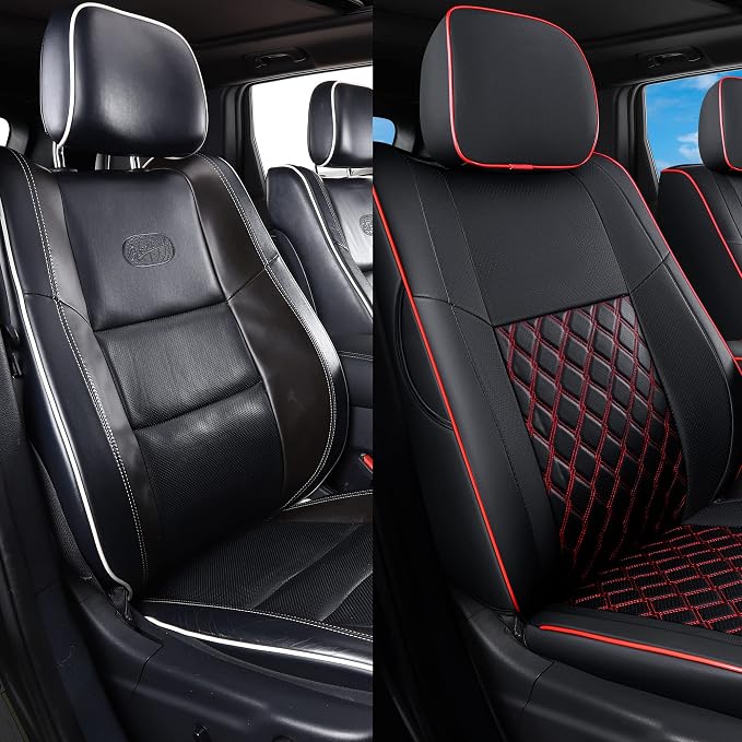 Huidasource Upgrade Grand Cherokee Seat Covers, Full Coverage Waterproof Leather Car Seat Covers, Custom Seat Cushion Protector Fit for Jeep Grand Cherokee 2011-2021 (Full Set/Black&Red)