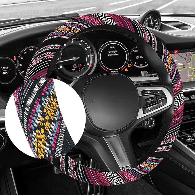 Boho Car Steering Wheel Cover, Ethnic Style Anti-Slip Coarse Flax Cloth Auto Wheel Cover, Bohemian Steering Wheel Protector for Most SUVs Vans Trucks, Car Accessories (Style J)