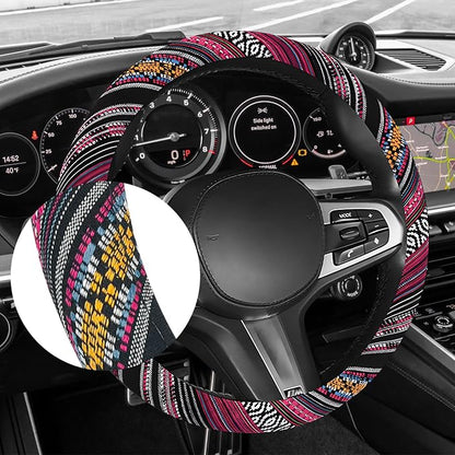 Boho Car Steering Wheel Cover, Ethnic Style Anti-Slip Coarse Flax Cloth Auto Wheel Cover, Bohemian Steering Wheel Protector for Most SUVs Vans Trucks, Car Accessories (Style J)