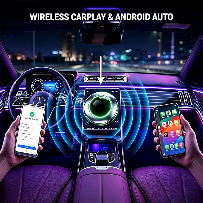 UFO-Shaped Wireless CarPlay Adapter, Plug-and-Play converts Original Wired CarPlay to Wireless. Compatible with iPhone and Android Phones, Equipped with Cool Light Strip, Stable and Durable.