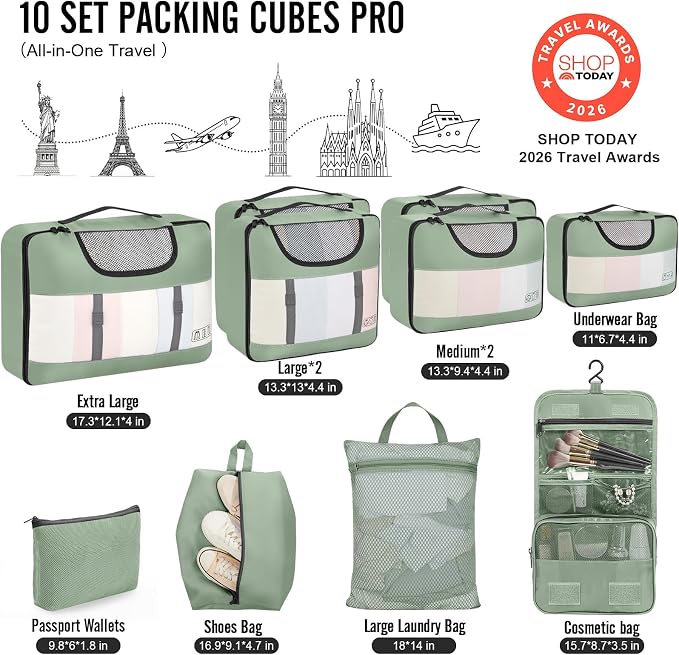 Veken 10 Set Packing Cubes for Travel Essentials,Anti-Wrinkle Buckled Suitcase Organizer for Shoe & Toiletry Bag,Carry On Luggage Bag with 99+ Count Mesh Holes for Airplane & College Dorm Accessories