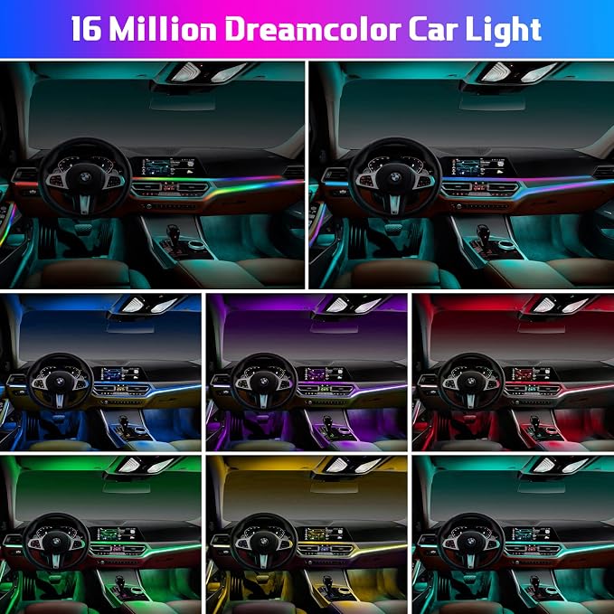 Acrylic Interior Car LED Strip Light RGB Dreamcolor 10 in1 with Wireless APP, 175 inches 593 LED 16 Million Color Fiber Optic Automotive Ambient Light Kits Music Sync Sound Activated Car Neon Lights