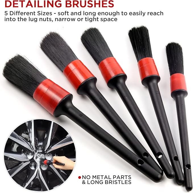 TAKAVU Complete Car Wheel Detailing Kit (8pcs) - Safe Scratch-Free 17" Barrel Brush, Tire Scrubber, 5 Detail Brushes & Towel for Rims, Interior, Exterior