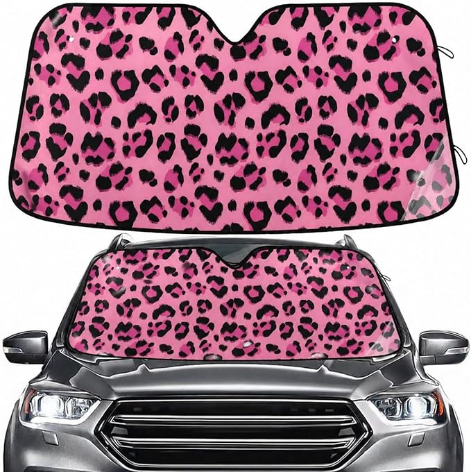 Hot Pink Black Leopard Print Windshield Sun Shade for Car Auto SUV Truck Foldable Front Window Sunshade Sun Visor Protector Block UV Rays Reflect Heat, 55" x 28"